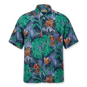 Vintage ME Sport Mens Large Tropical Floral Rayon Button Down Shirt Blue Green